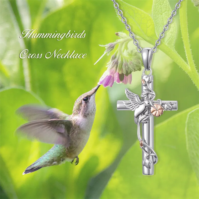 Bee/Hummingbird/Butterfly Necklace Cross Jewelry Gifts 925 Sterling Silver Cross Pendant Necklace for Her Women Girls