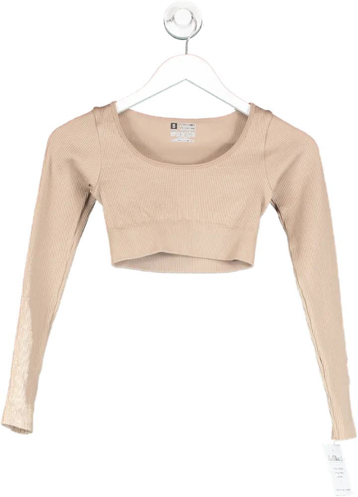 Beige Ribbed Long Sleeve Crop Top UK S