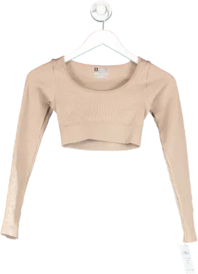 Beige Ribbed Long Sleeve Crop Top UK S