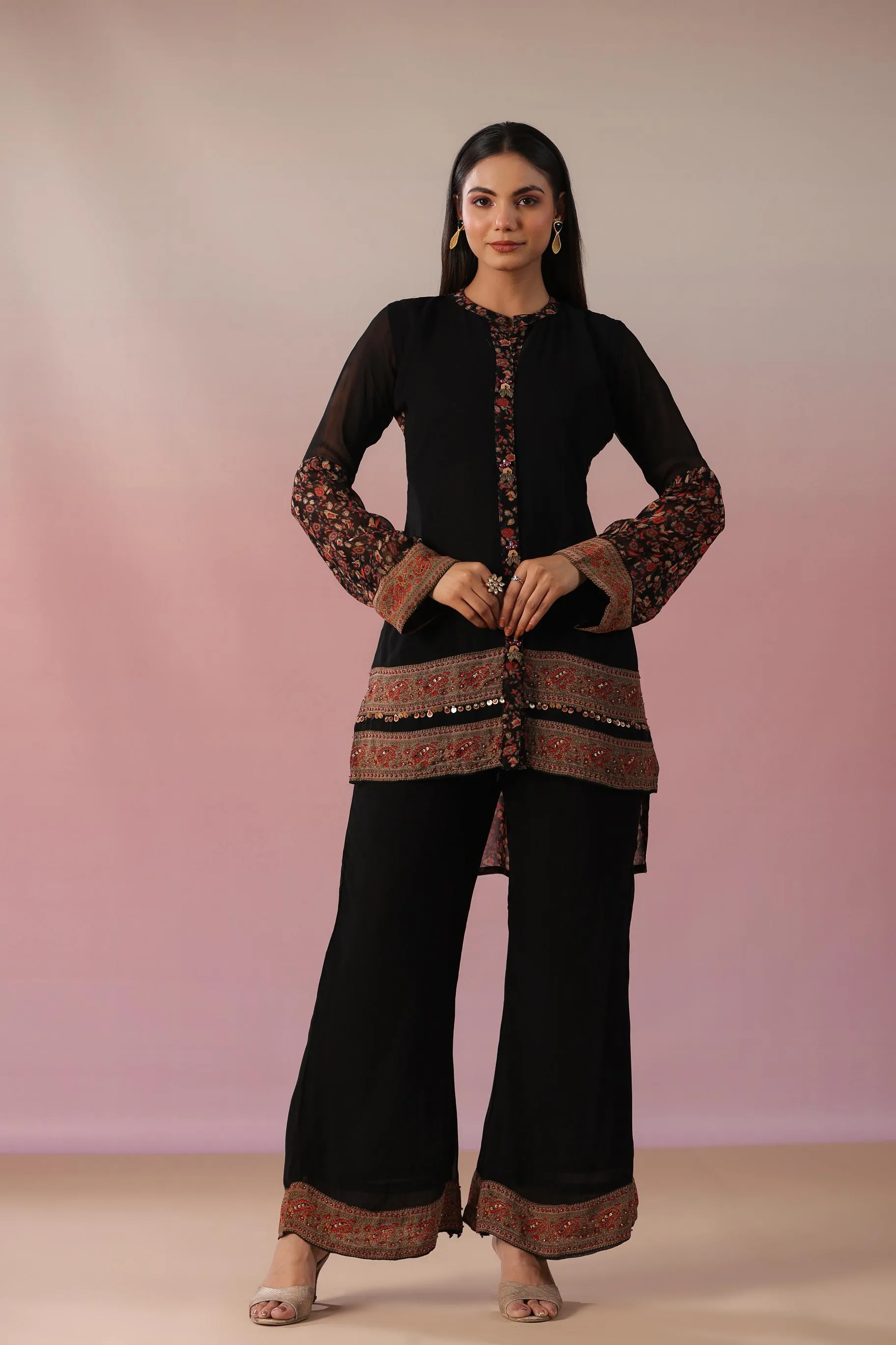 Black Floral Printed Swiss Georgette Silk Co-Ord Set