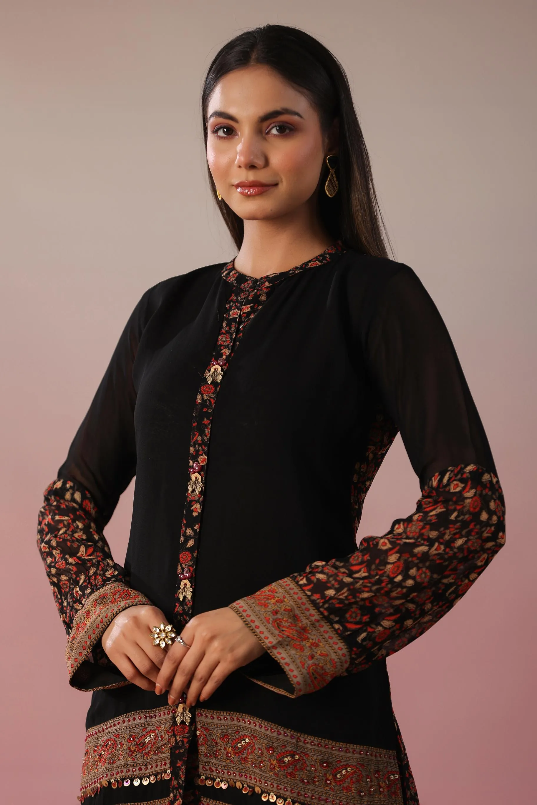 Black Floral Printed Swiss Georgette Silk Co-Ord Set