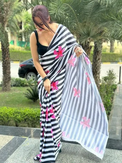 Black White Stripe Satin Digital Print Sari