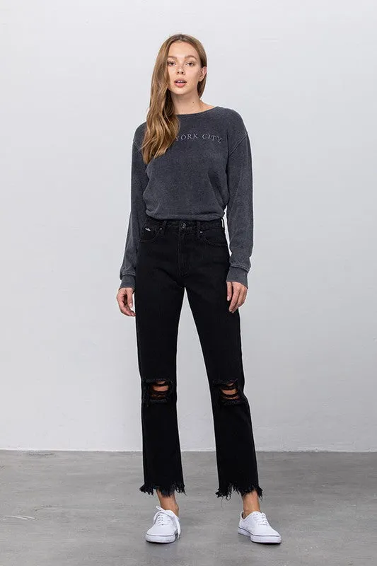 Brooklyn High Waist Frayed Hem Straight Jeans