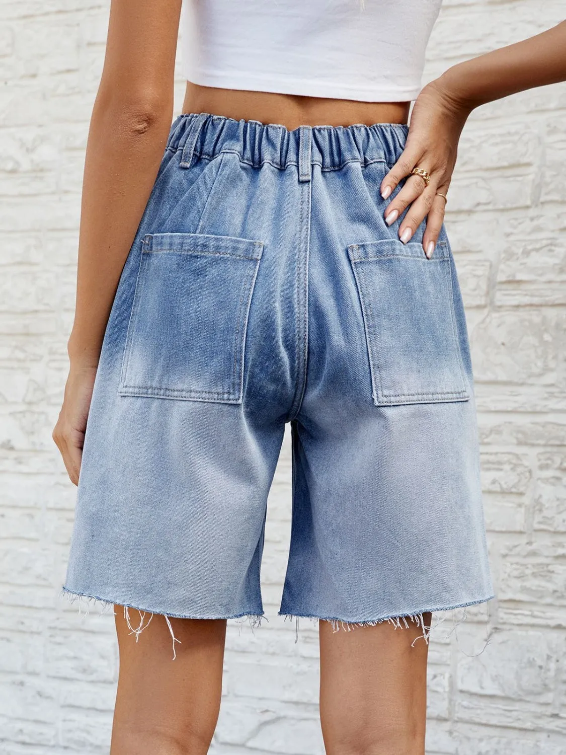 Buttoned Raw Hem Denim Shorts with Pockets