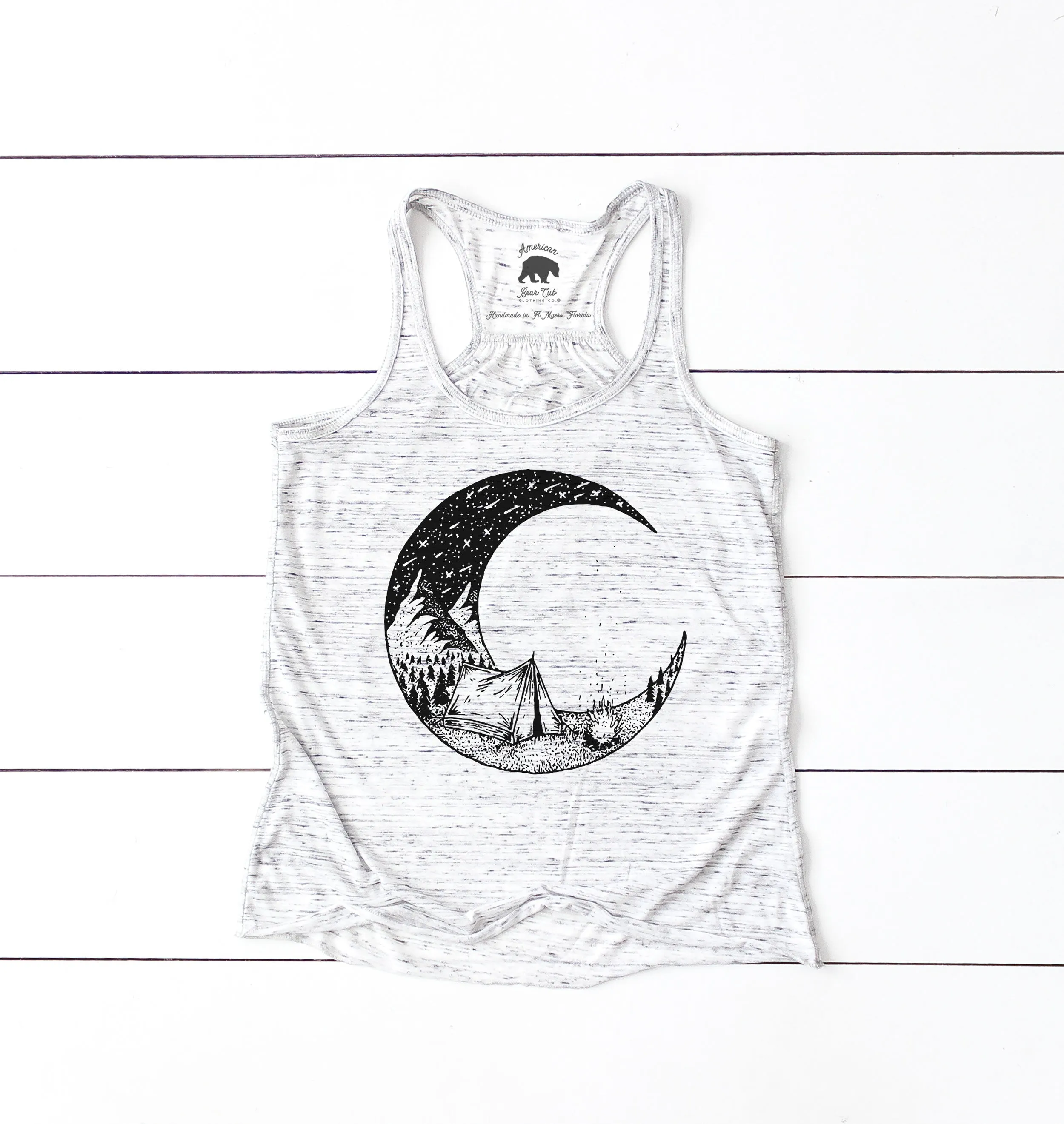 Camping Bonfire Crescent Moon flowy racerback tank tops