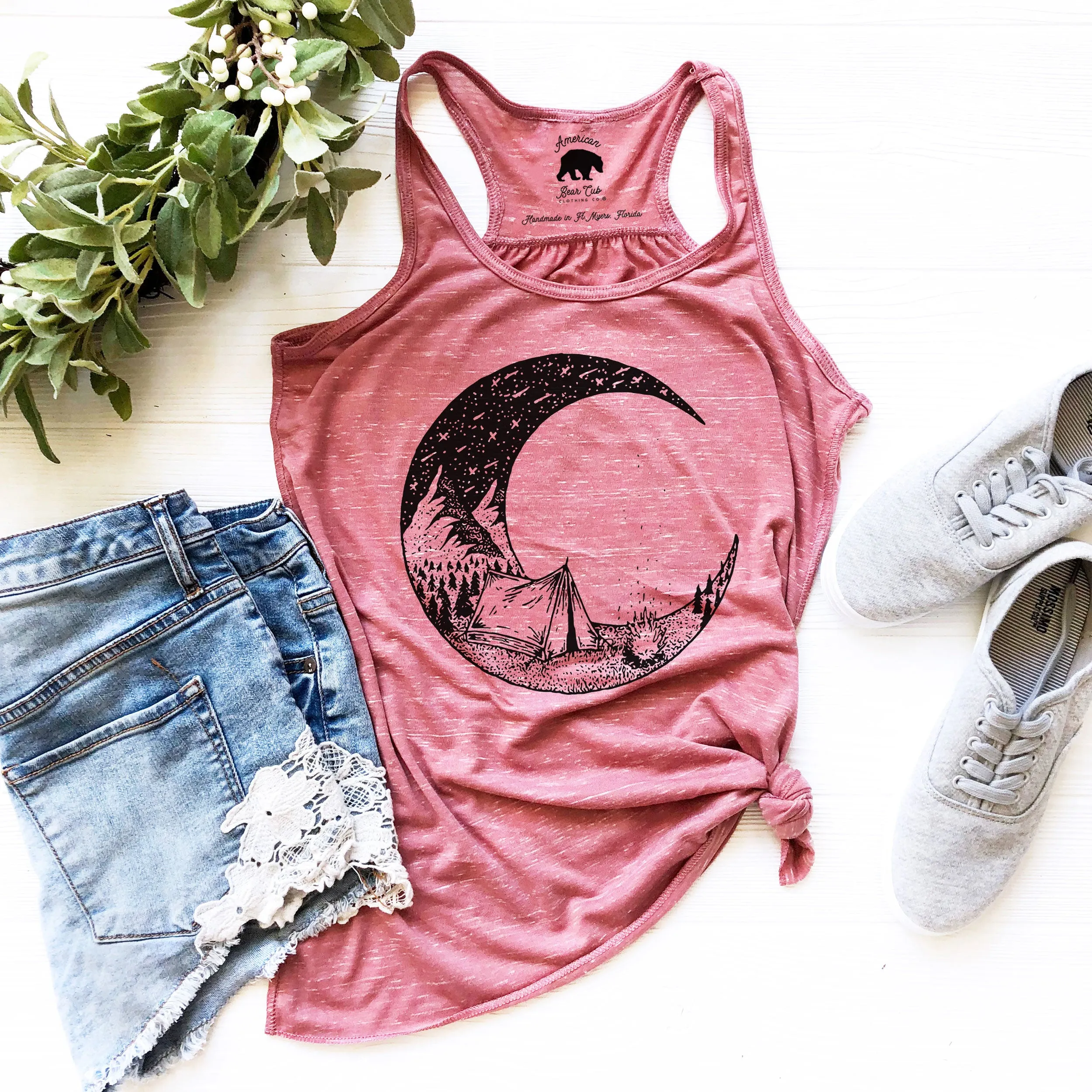 Camping Bonfire Crescent Moon flowy racerback tank tops