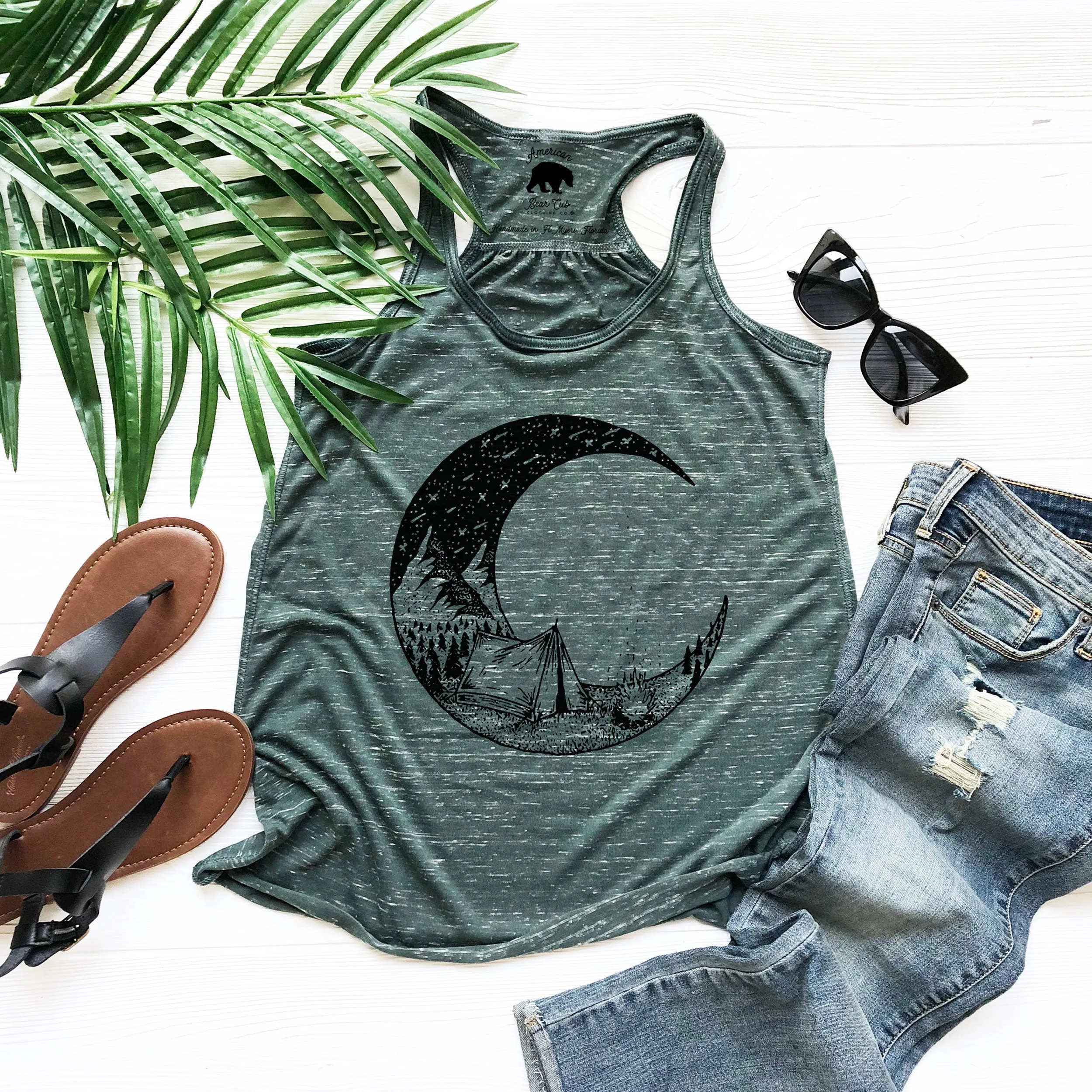 Camping Bonfire Crescent Moon flowy racerback tank tops