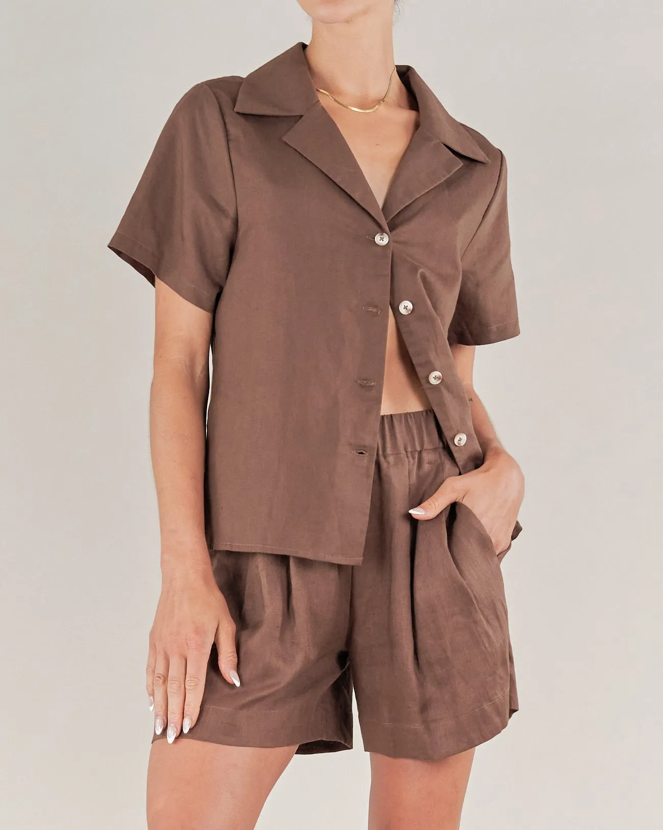 Cancun Linen Bowling Shirt - Chocolate