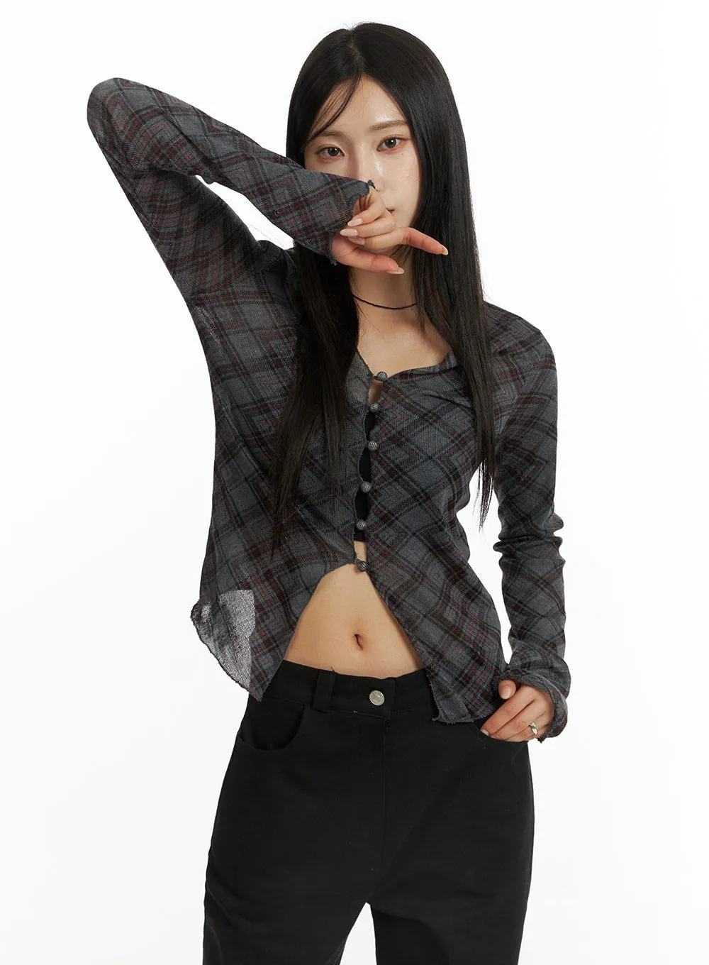 Checkered Ruffle Hem Long Sleeve Blouse CF401