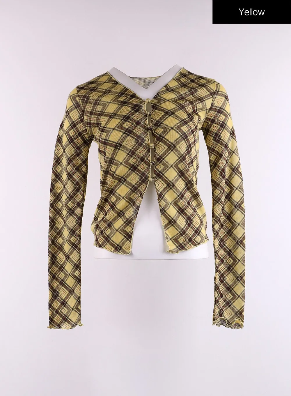 Checkered Ruffle Hem Long Sleeve Blouse CF401