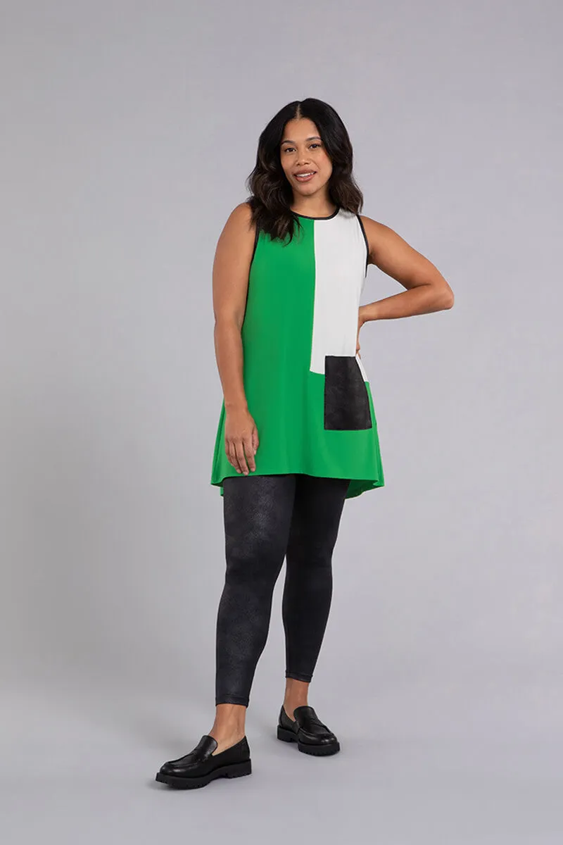 Colour Block Patch Pocket Sleeveless Tunic | Kelly Green/Ivory