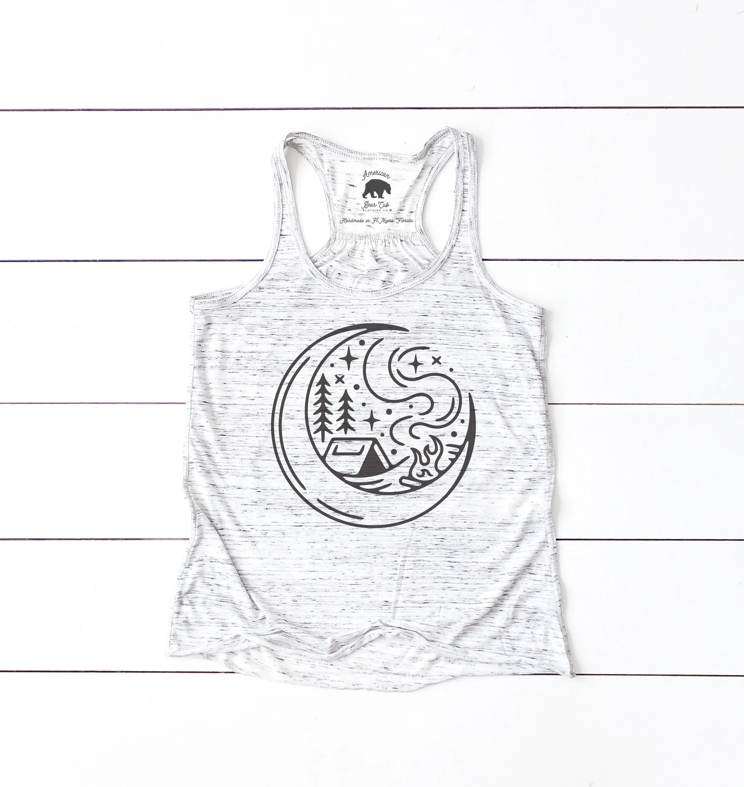 Crescent Campfire Moon flowy racerback tank tops - light or dark artwork