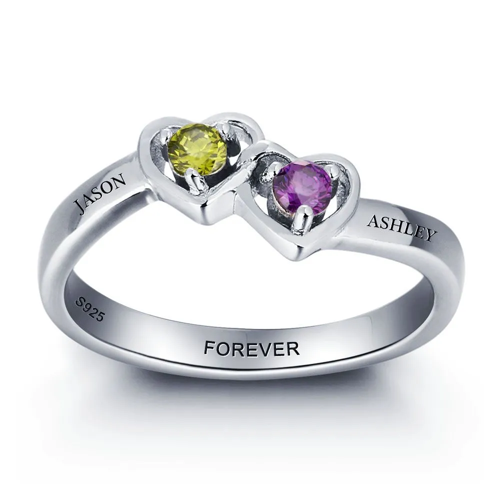 Custom 2 Stone Enclosed Heart Birthstones Mother's Ring or Promise Ring 2 Names