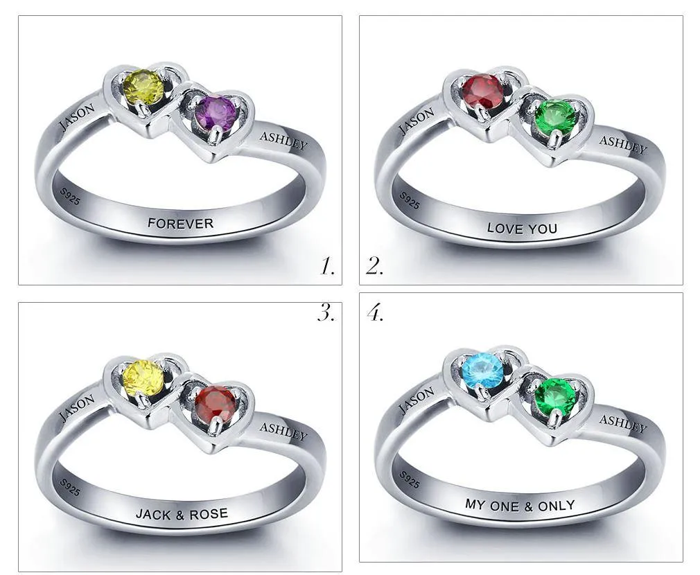 Custom 2 Stone Enclosed Heart Birthstones Mother's Ring or Promise Ring 2 Names