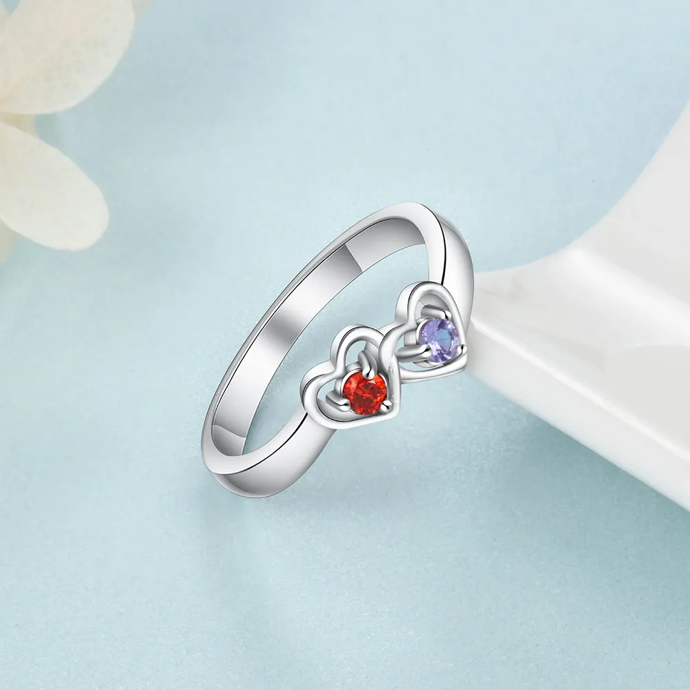 Custom 2 Stone Enclosed Heart Birthstones Mother's Ring or Promise Ring 2 Names