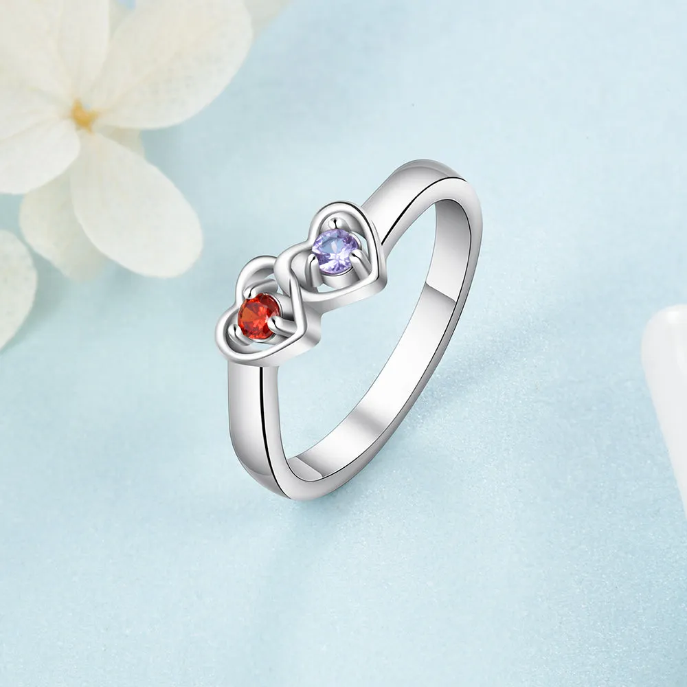 Custom 2 Stone Enclosed Heart Birthstones Mother's Ring or Promise Ring 2 Names