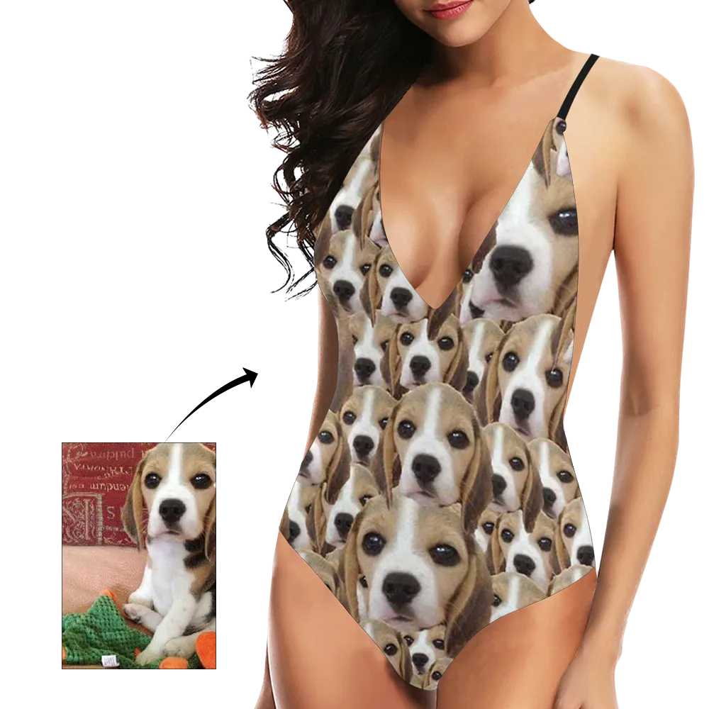 Custom Cute Dog Face V-Neck Women's One Piece Sexy Swimsuit