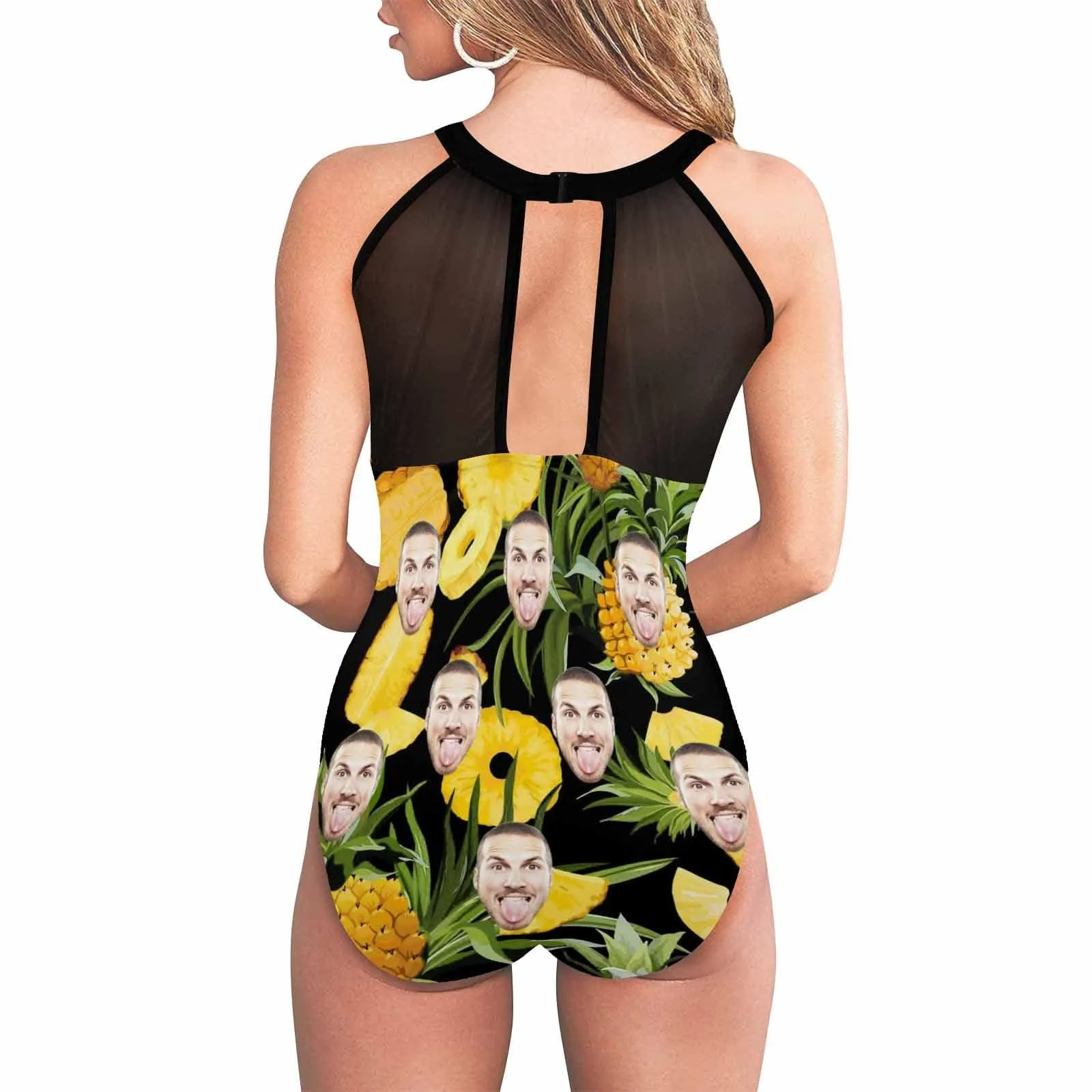 Custom Face Pineapples Women's One Piece Swimsuit High Neck Plunge Mesh Ruched Monokini Swimwear