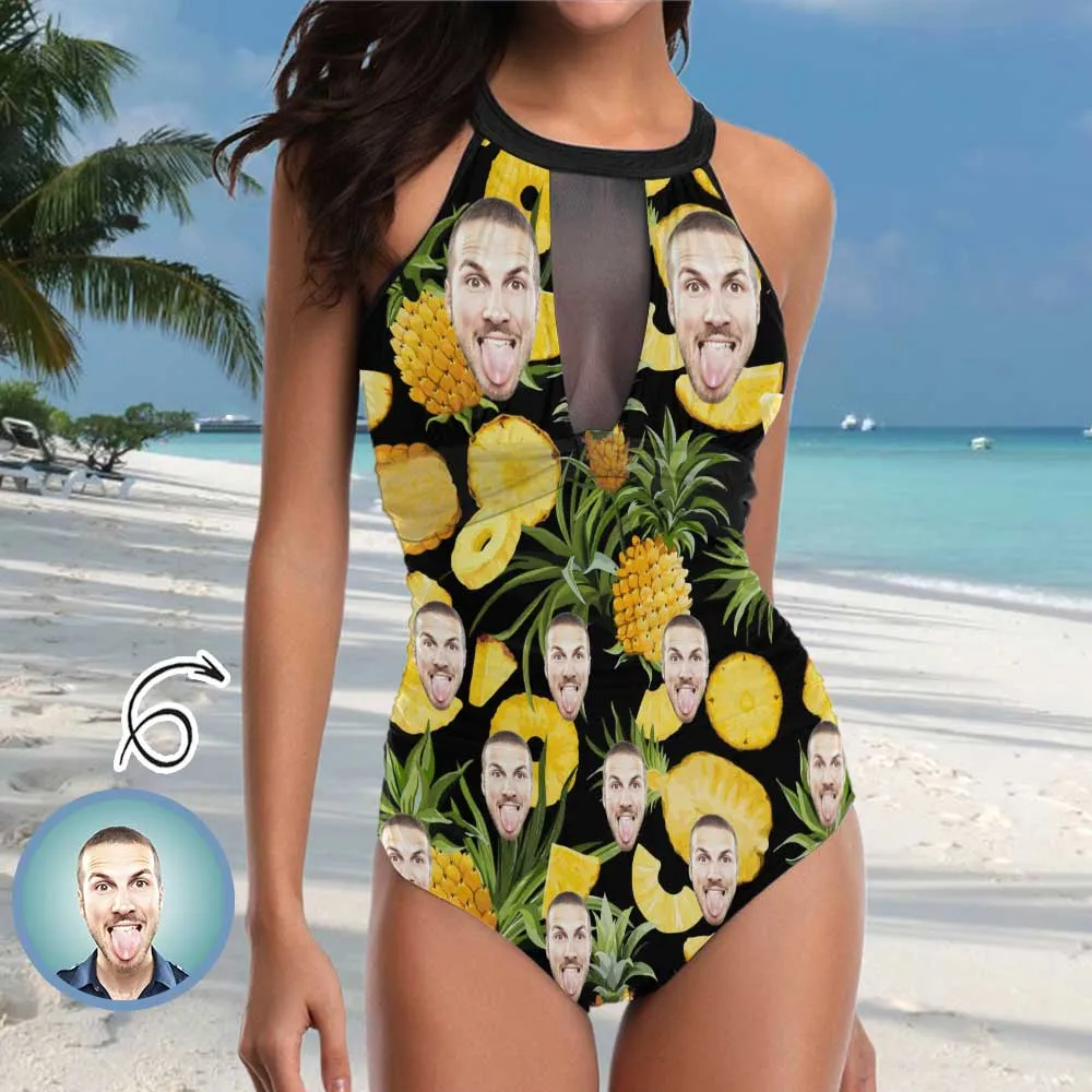 Custom Face Pineapples Women's One Piece Swimsuit High Neck Plunge Mesh Ruched Monokini Swimwear