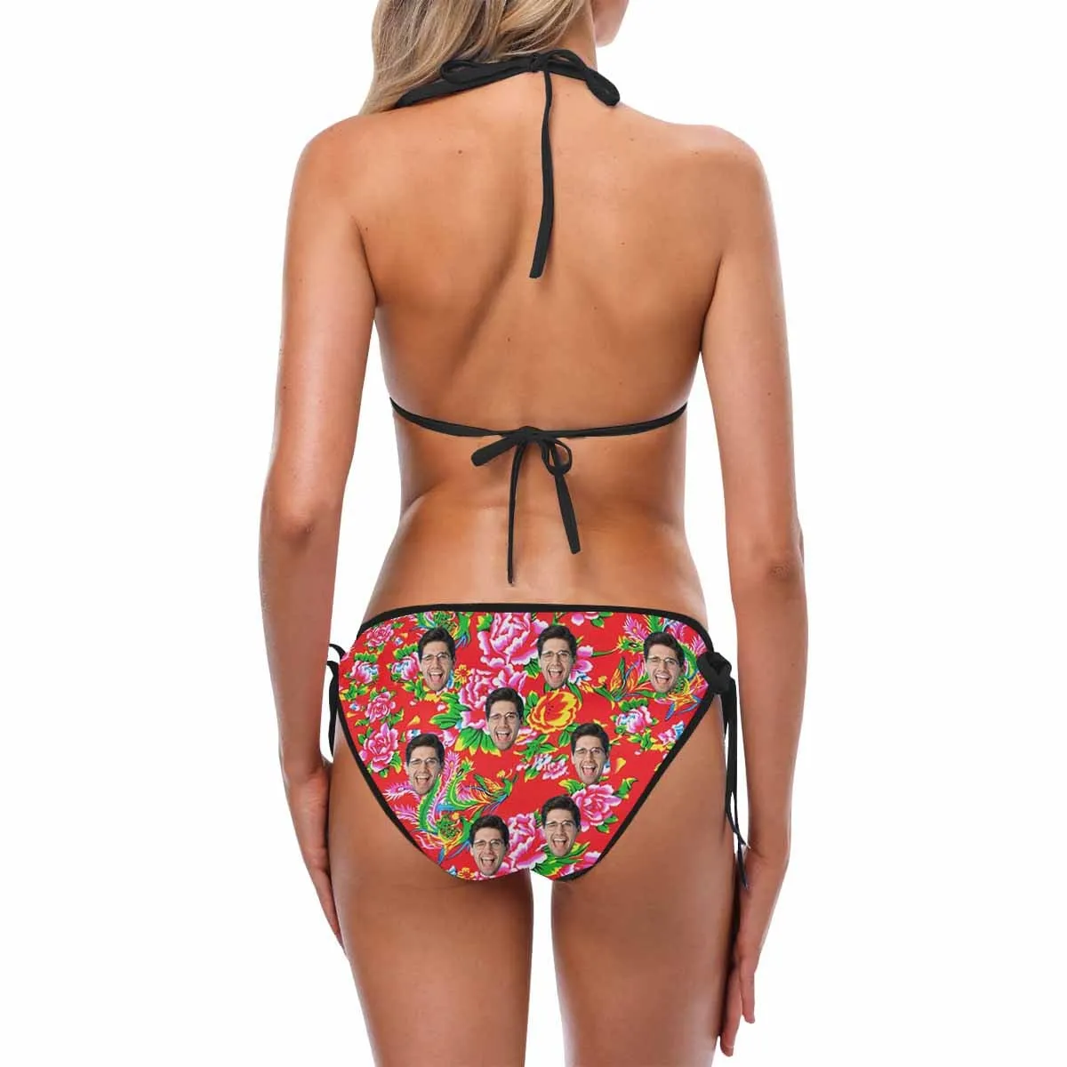 Custom Face Red Big Flowers Couple Matching Swimsuit Women's Bikini Men's Quick Dry Swim Shorts