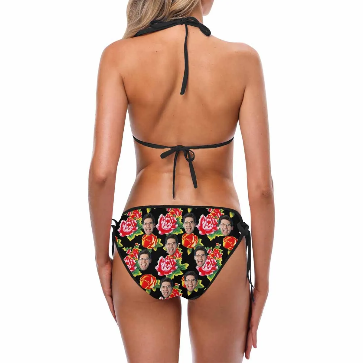 Custom Face Red Big Flowers Couple Matching Swimsuit Women's Bikini Men's Quick Dry Swim Shorts