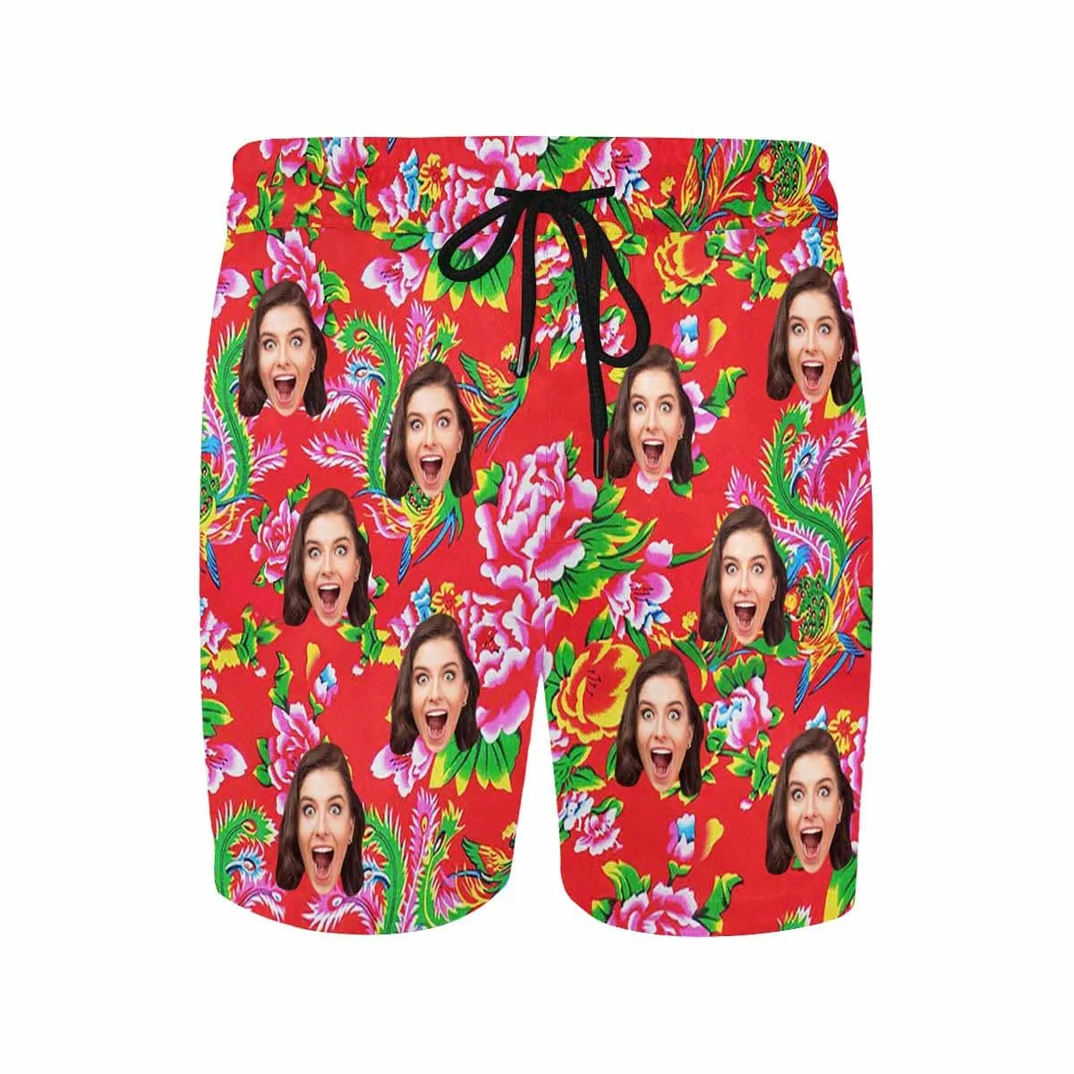 Custom Face Red Big Flowers Couple Matching Swimsuit Women's Bikini Men's Quick Dry Swim Shorts