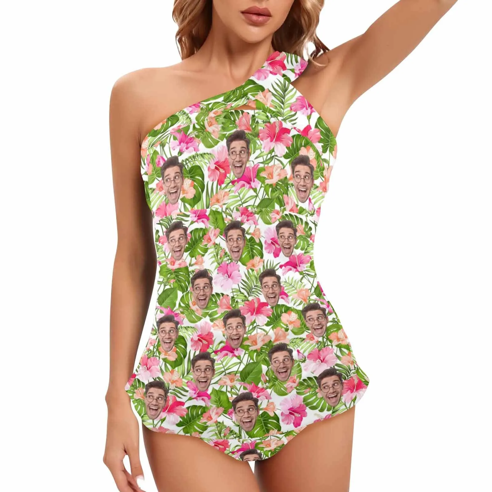 Custom Face Swimsuit Flower Leaf Tankini Personalized Face Women's One Shoulder Two Piece Bathing Suit