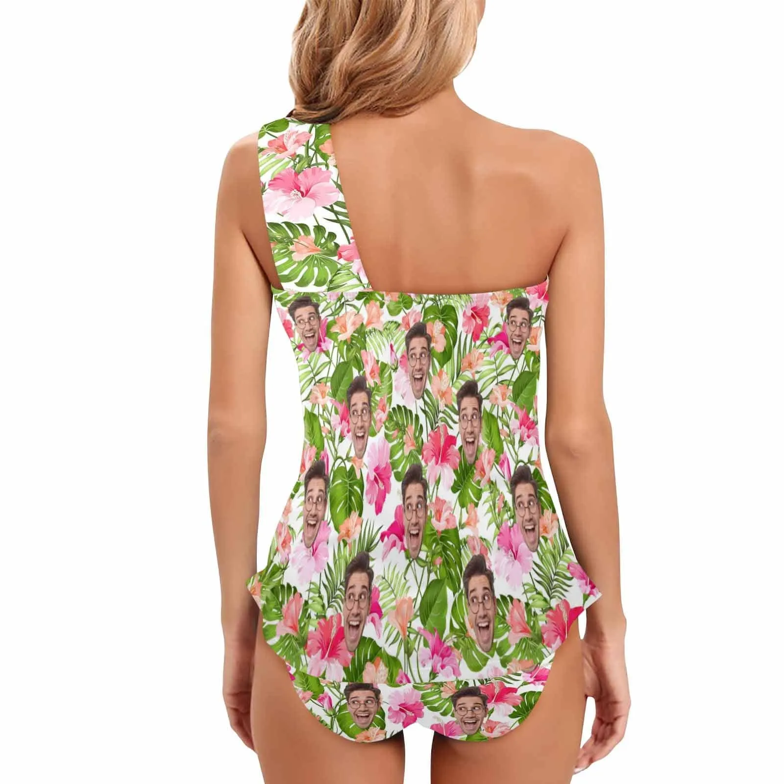 Custom Face Swimsuit Flower Leaf Tankini Personalized Face Women's One Shoulder Two Piece Bathing Suit