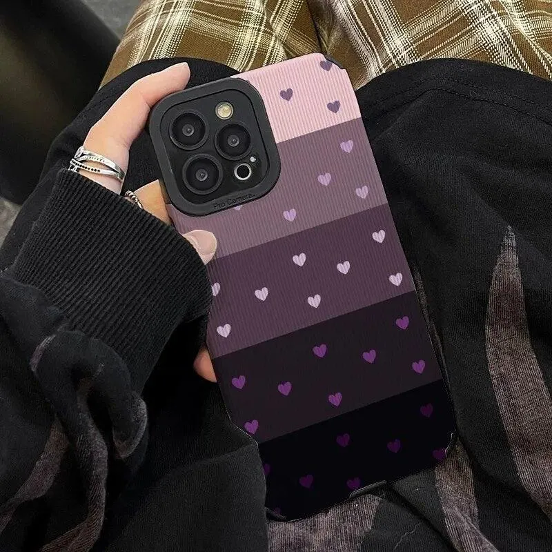 Cute Gradient Black and Purple Heart Pattern Phone Case for iPhone 14, 13, 12, 11, Pro Max, Mini, XR, XS, 6, 7, 8 Plus