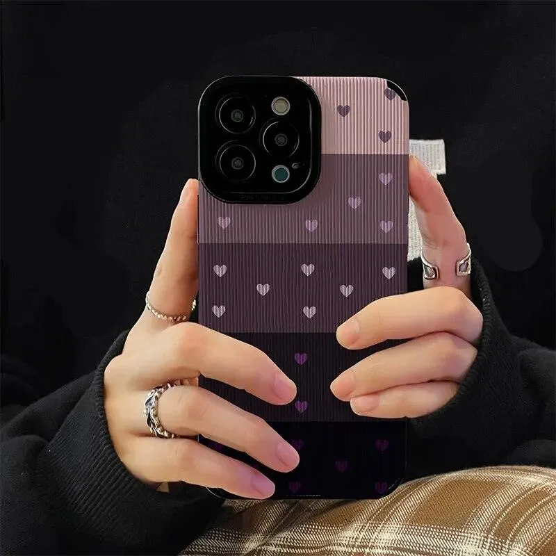 Cute Gradient Black and Purple Heart Pattern Phone Case for iPhone 14, 13, 12, 11, Pro Max, Mini, XR, XS, 6, 7, 8 Plus