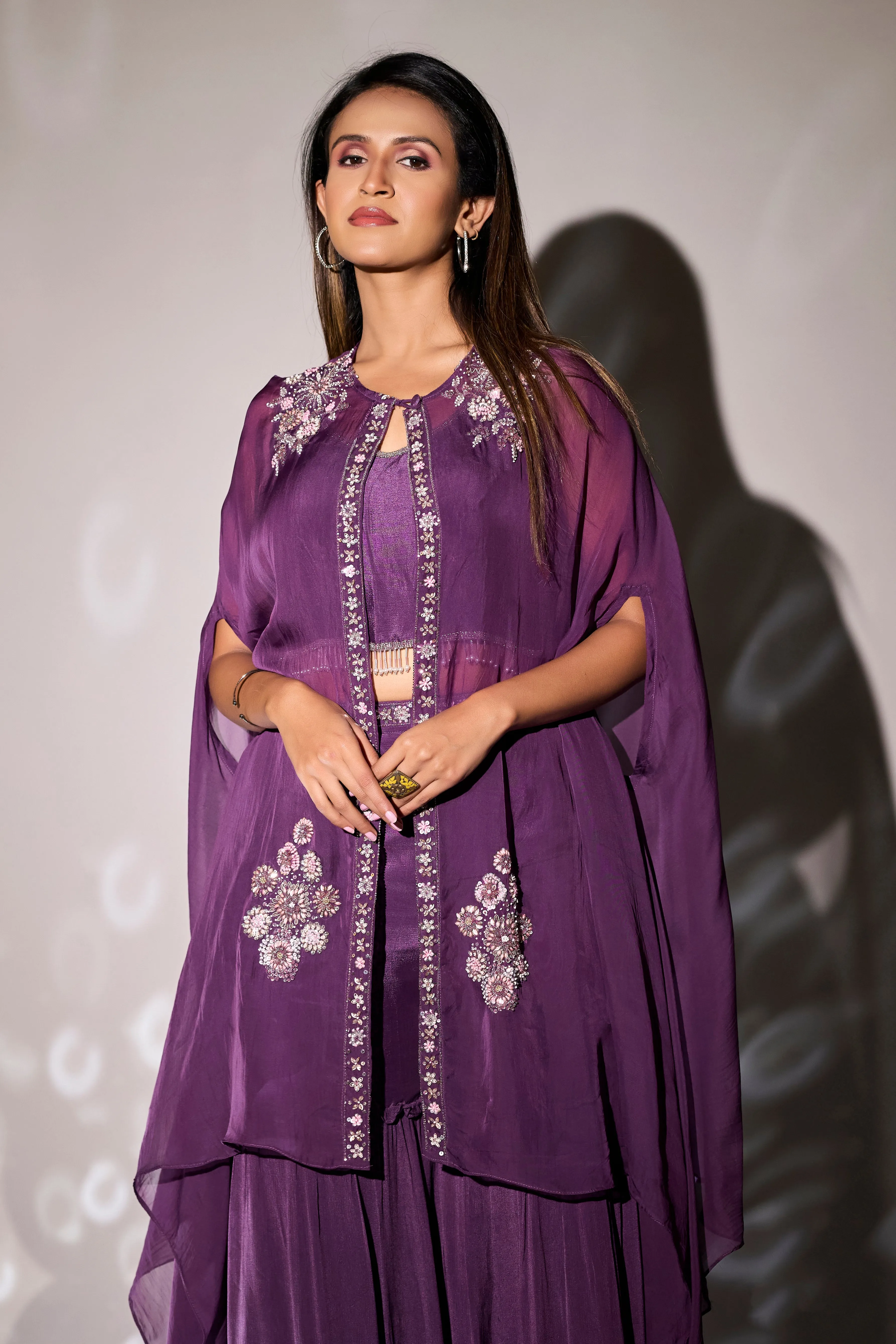 Dark Purple Embellished Premium Organza Silk Cape Set