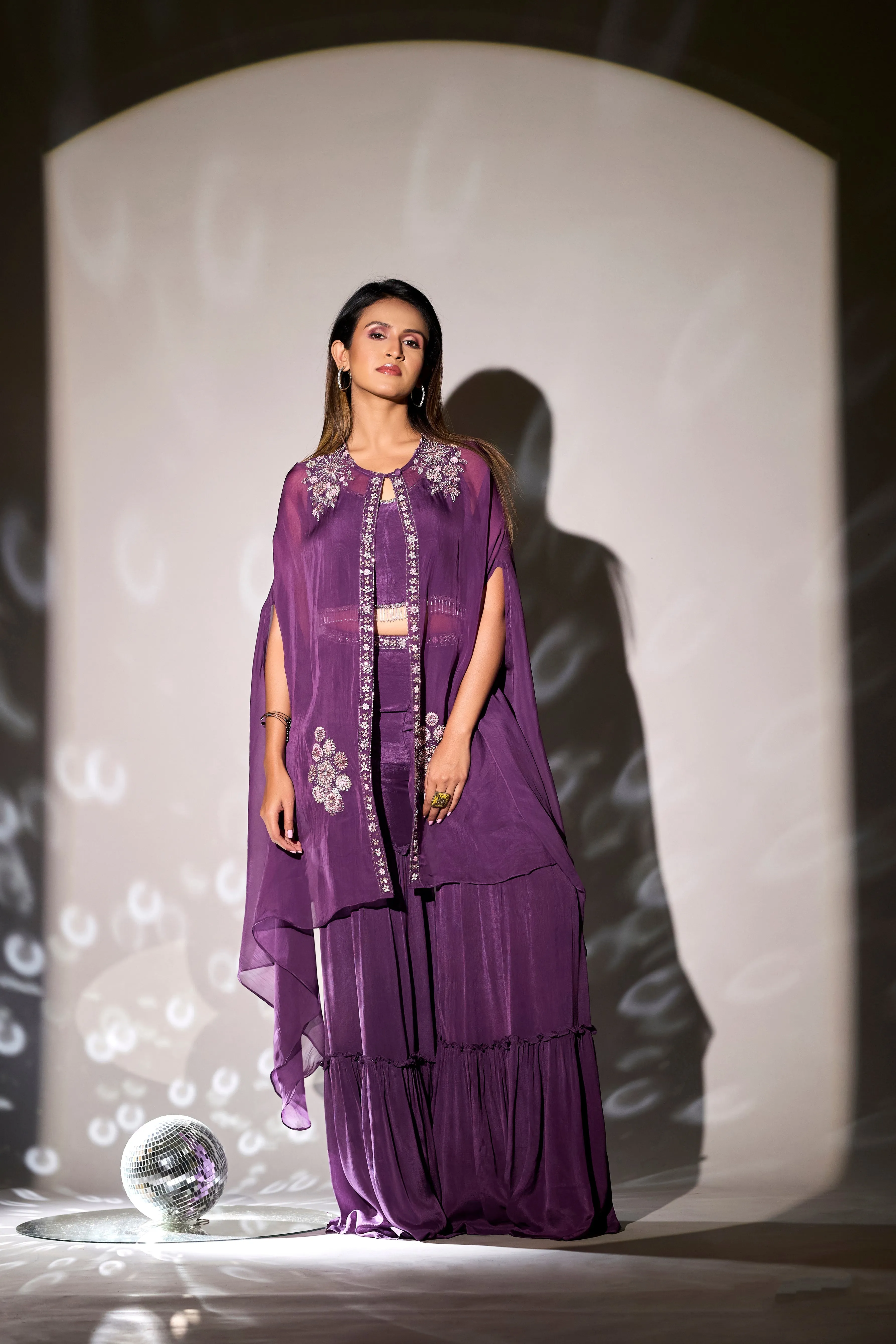 Dark Purple Embellished Premium Organza Silk Cape Set