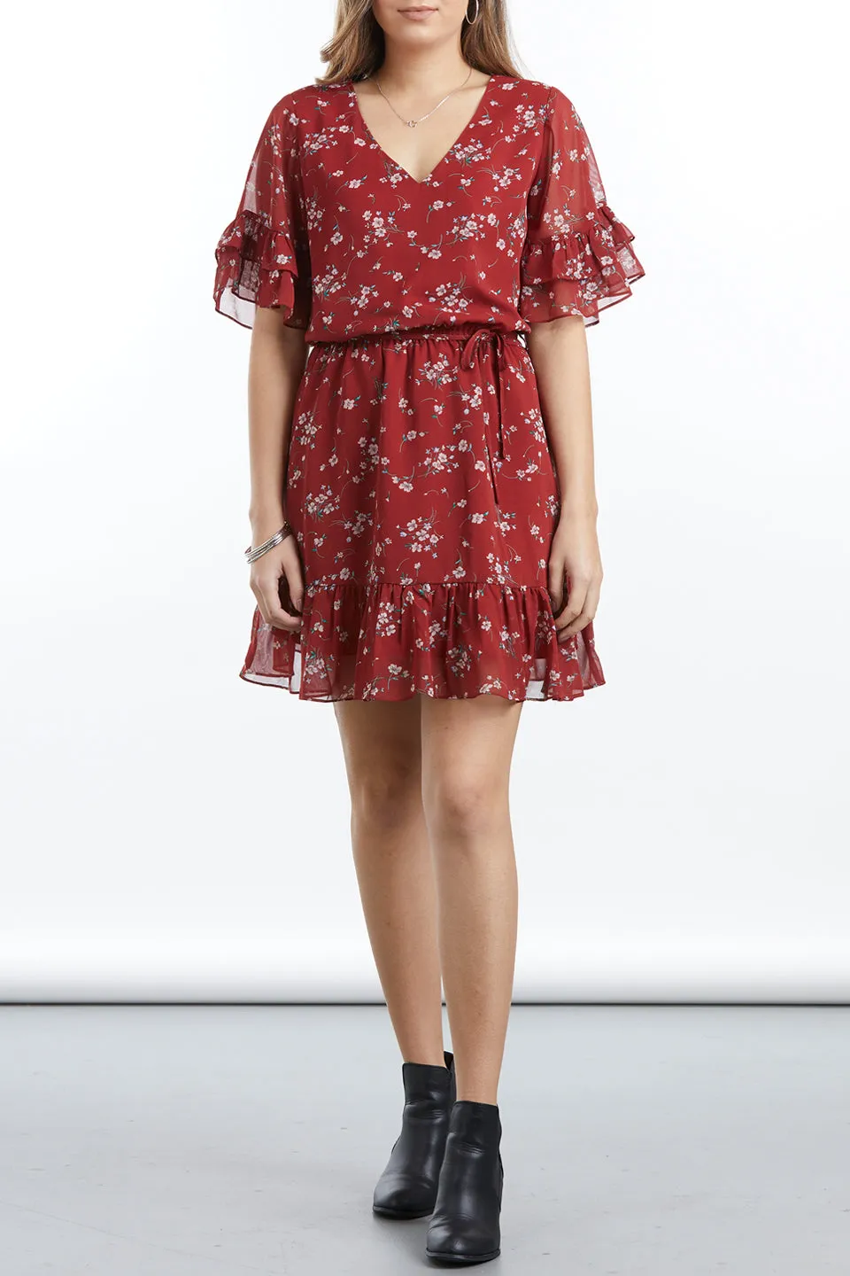 Day Dreamer Ruffle Claret Daisy Mini Dress