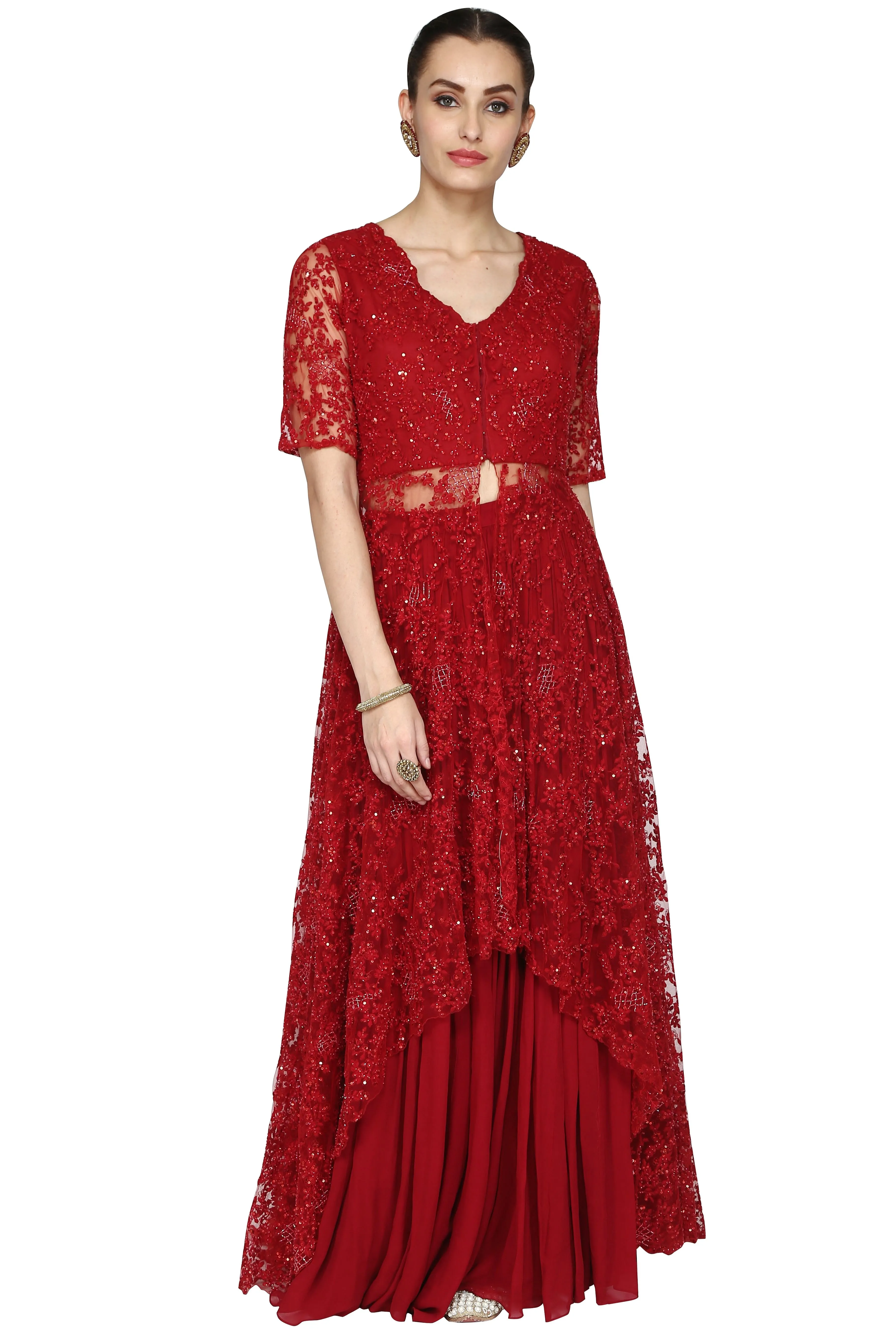 Deep red tunic and long skirt.