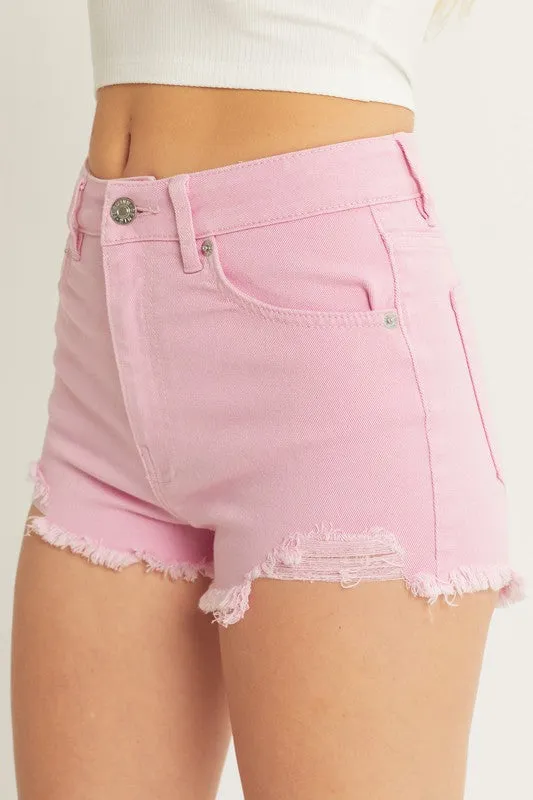 Denim High Waist Frayed Hem Shorts