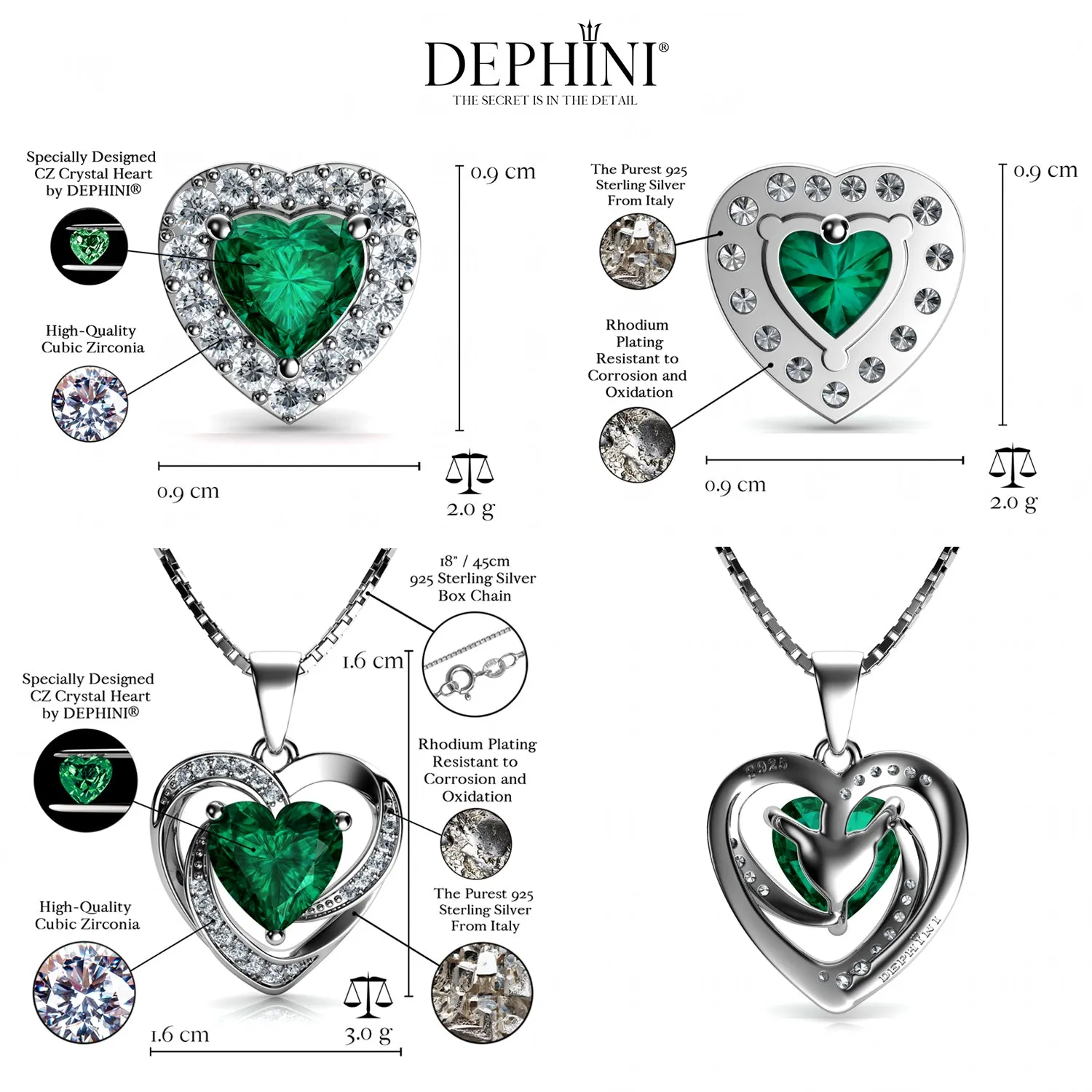 DEPHINI Green jewellery set Heart Earrings & Necklace Sterling Silver