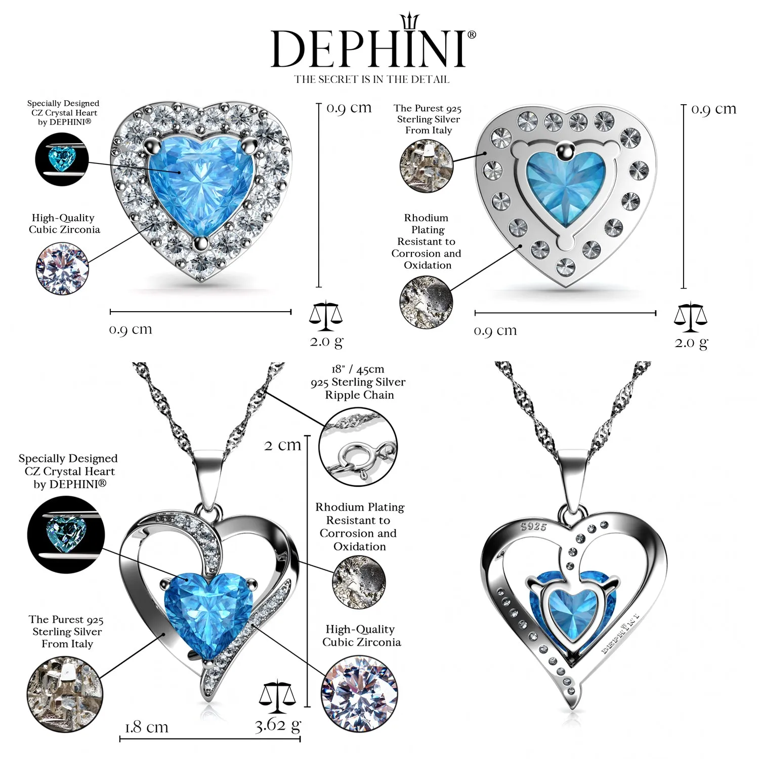 DEPHINI Heart Necklace & Heart Earrings Silver Women's Jewellery Set