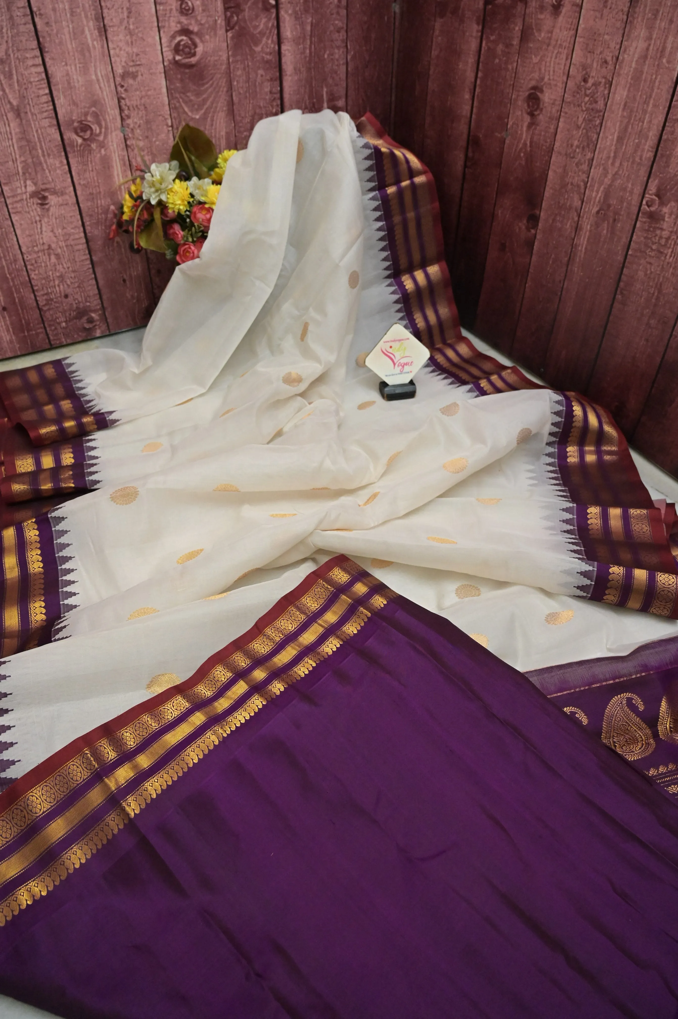 Dirt White and Purple Color Cotton Gadwal Saree with Golden Butta and temple Border