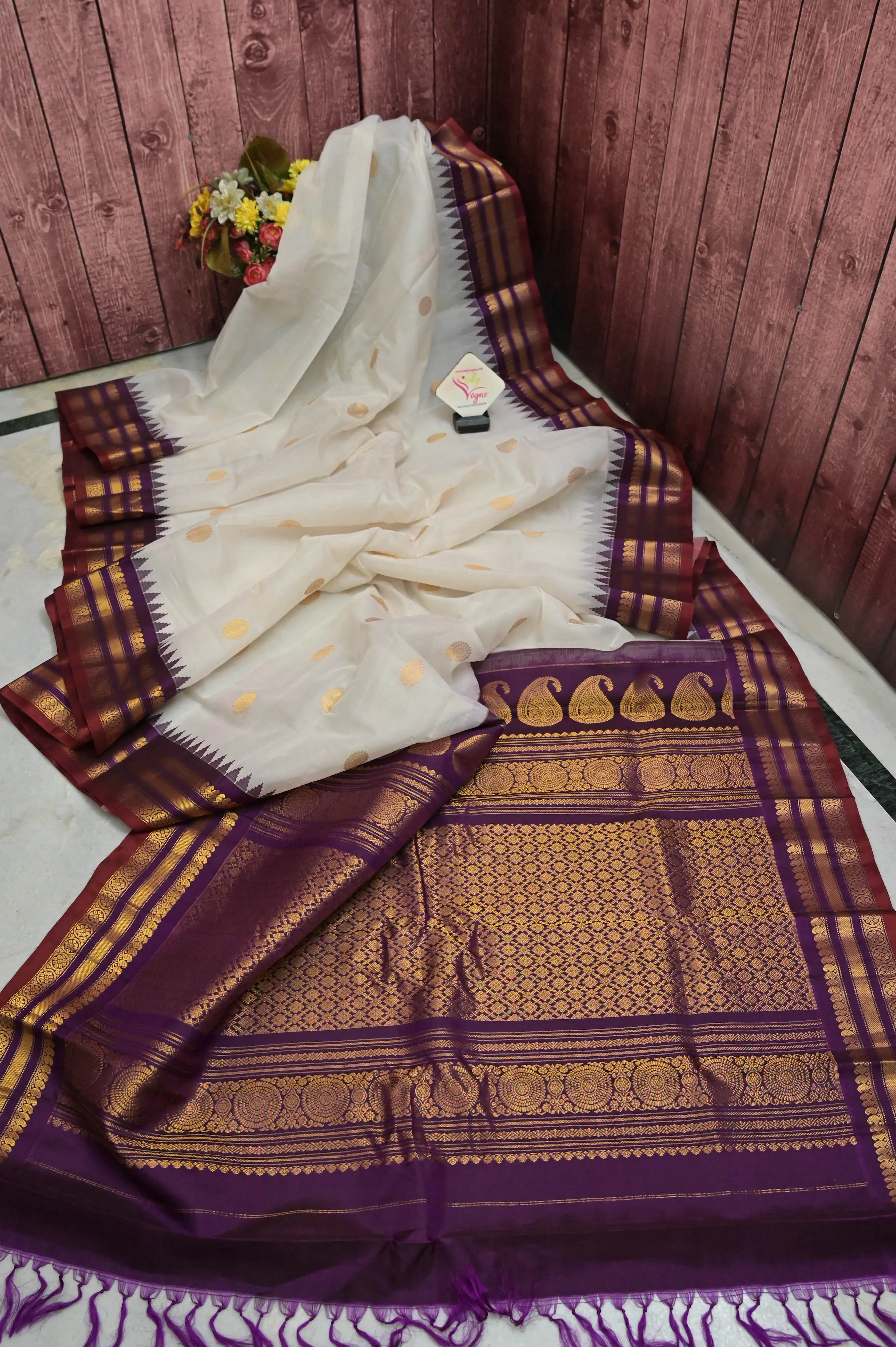 Dirt White and Purple Color Cotton Gadwal Saree with Golden Butta and temple Border