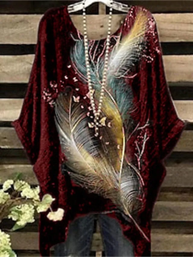 Elegant Feather Print Plus Size Dolman Sleeve Blouse