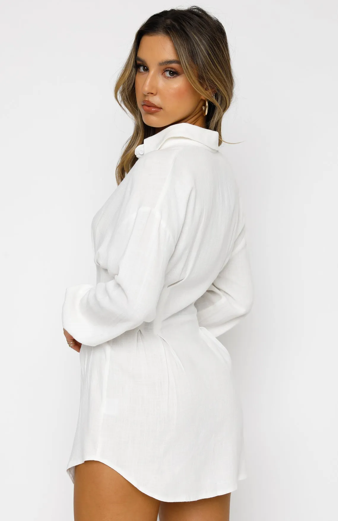 Feels Like A Holiday Long Sleeve Shirt Dress White