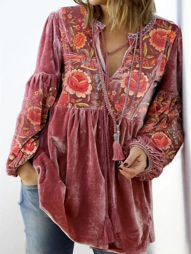 Floral Print Peplum Sleeve Blouse with Long Sleeves