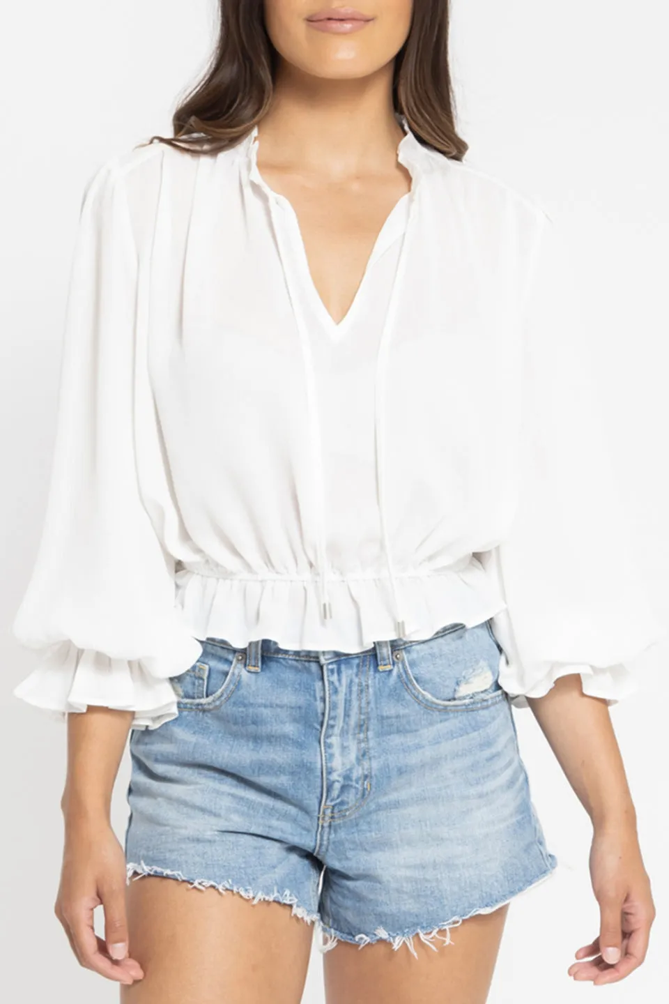 Flying High Ivory LS Frilled Hem Top