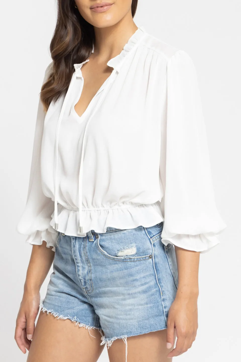 Flying High Ivory LS Frilled Hem Top