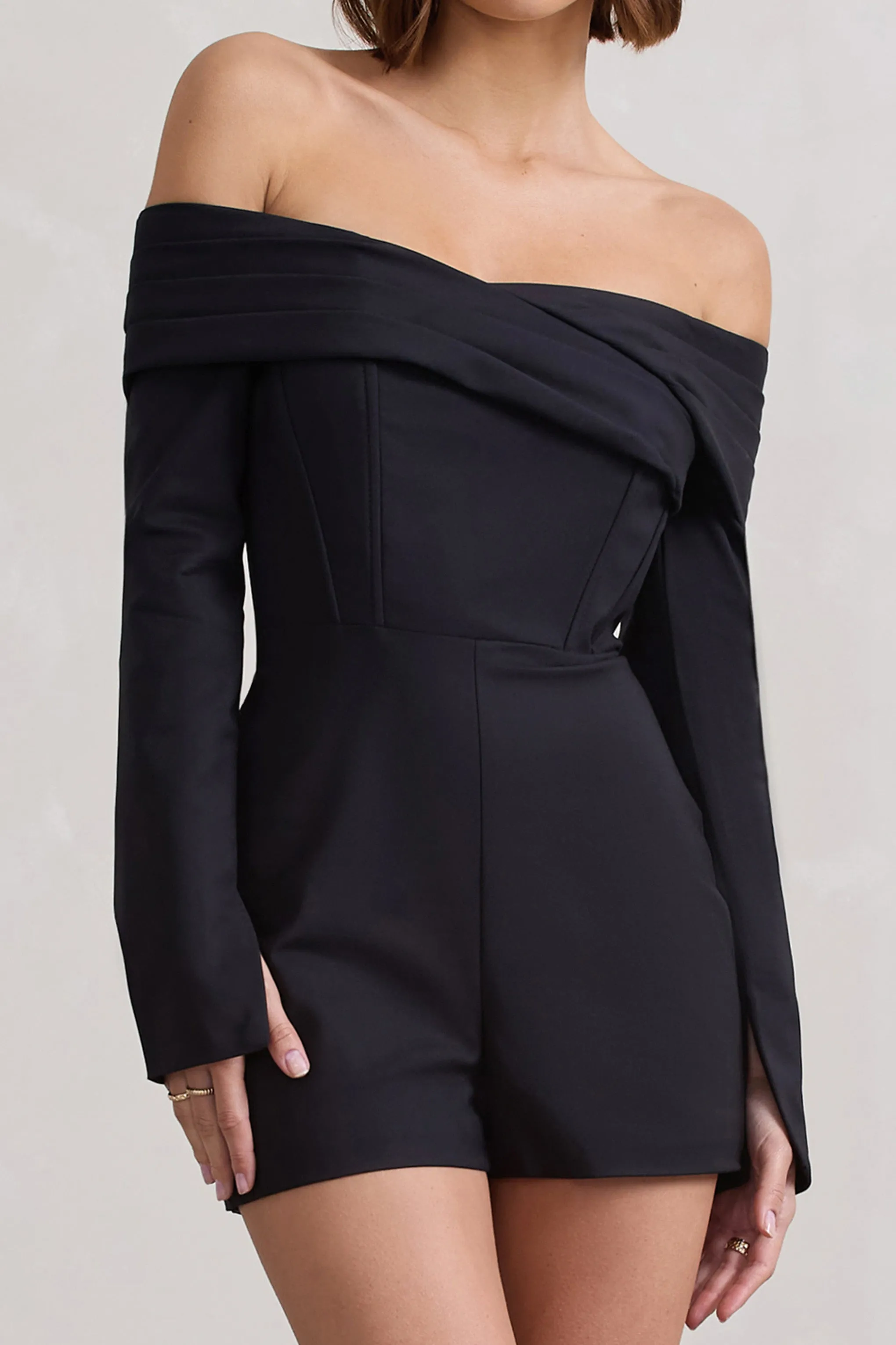 Front Row | Black Long-Sleeved Bardot Corset Playsuit