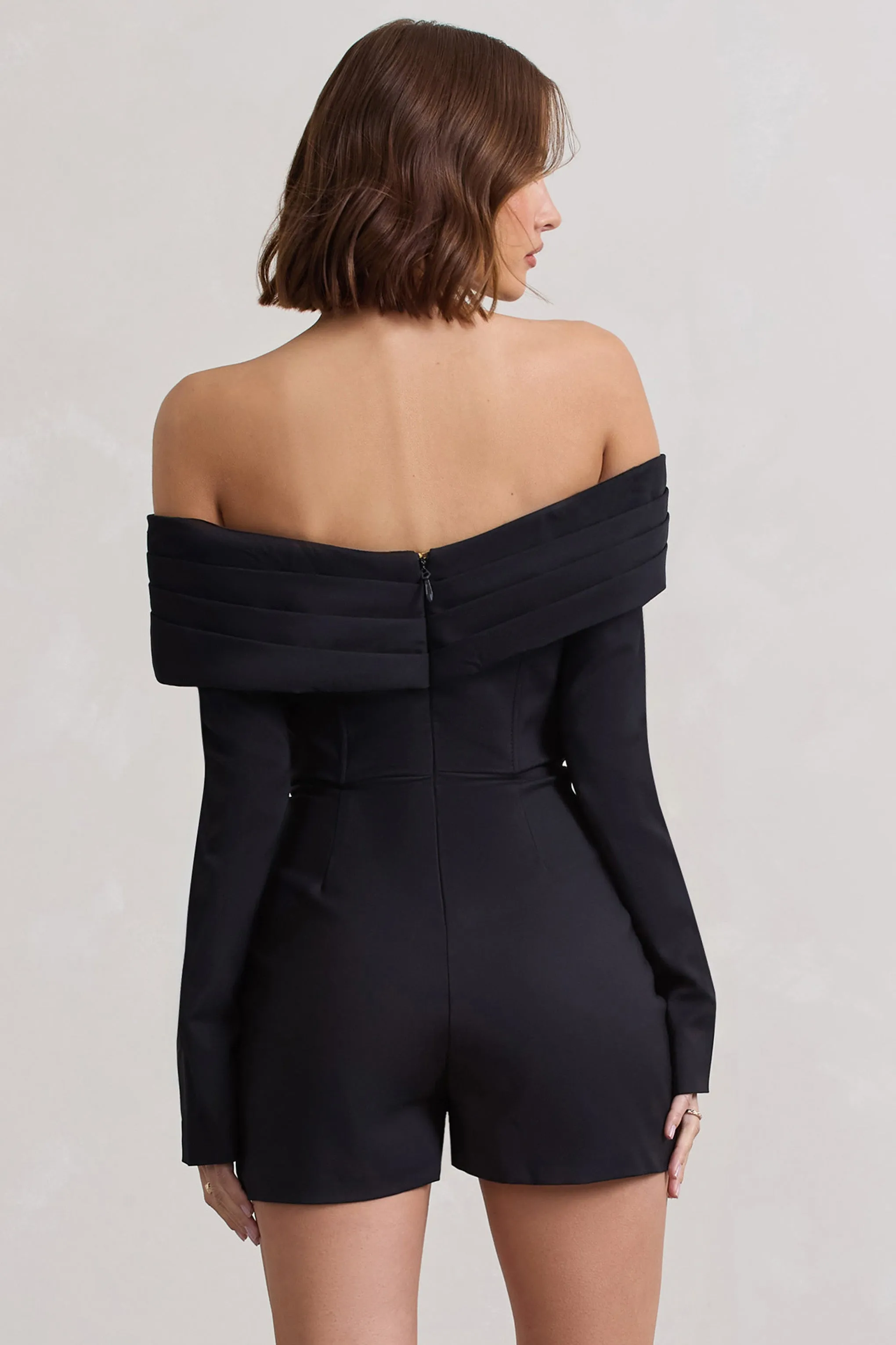 Front Row | Black Long-Sleeved Bardot Corset Playsuit