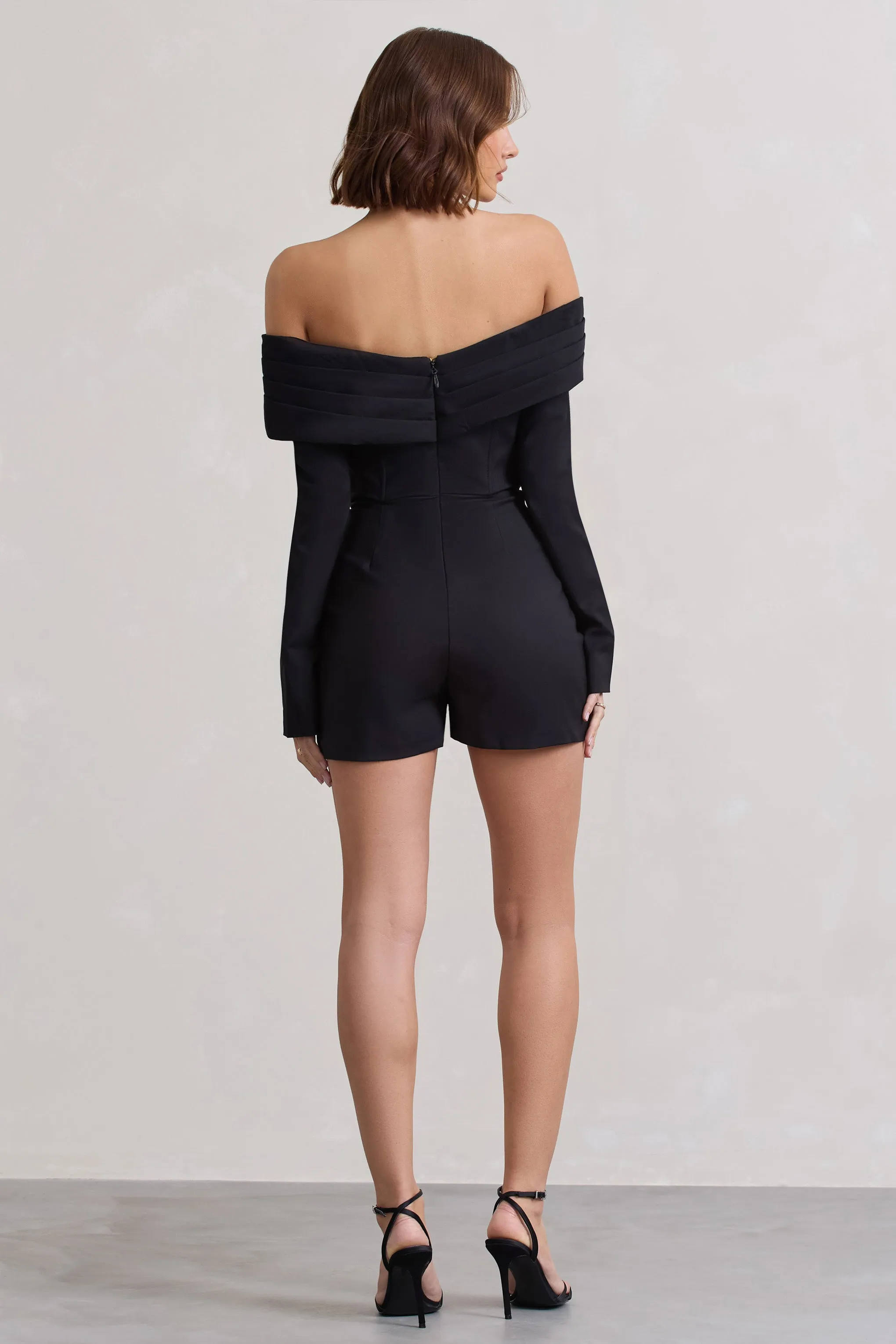 Front Row | Black Long-Sleeved Bardot Corset Playsuit