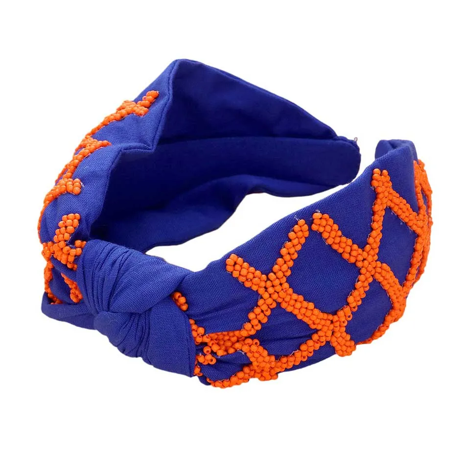 Game Day Seed Beaded Check Patterned Knot Burnout Headband