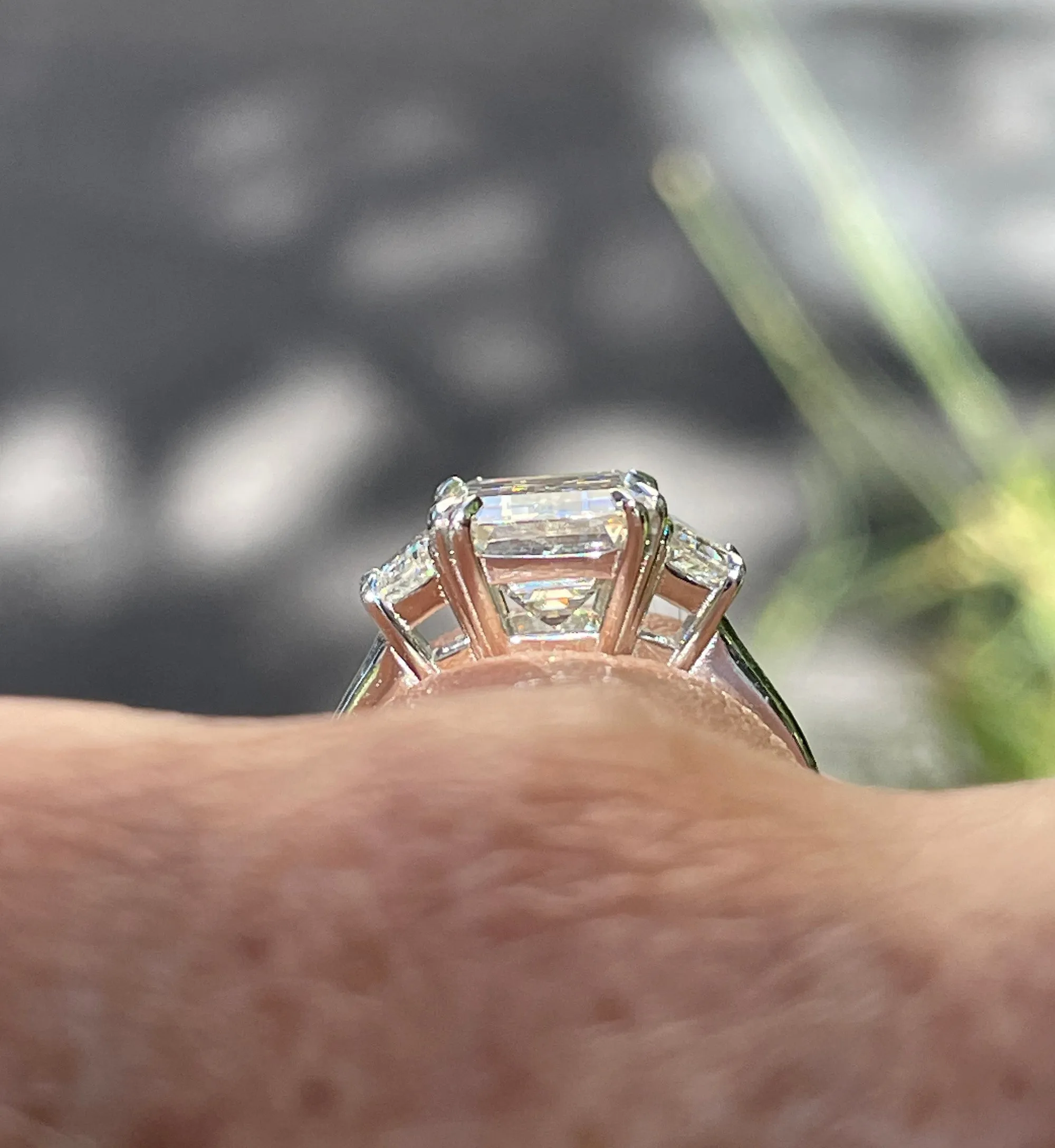 GIA 4.29ct EMERALD Cut & Trapezoids 3 Stone Diamond Engagement Platinum Ring