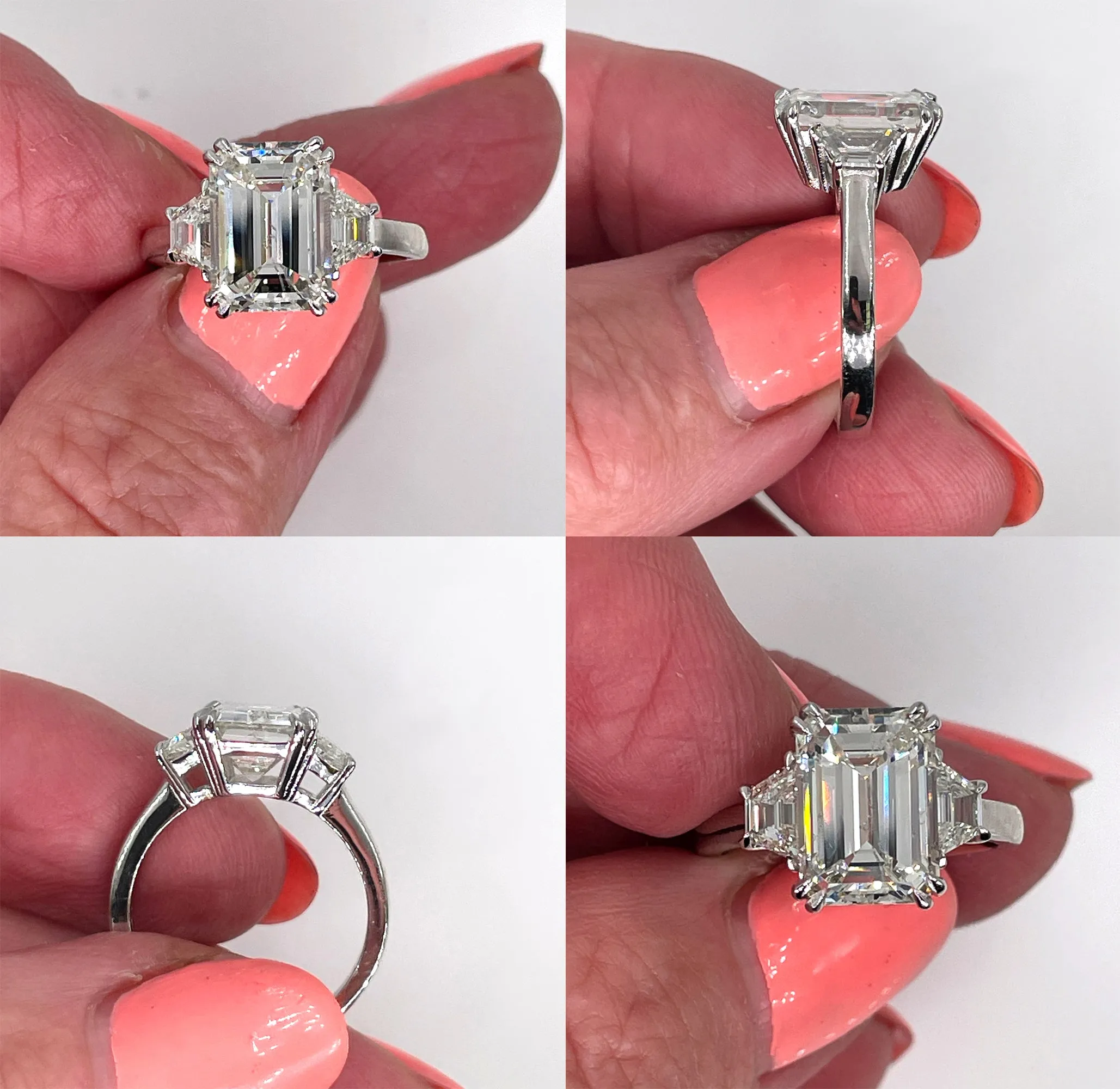 GIA 4.29ct EMERALD Cut & Trapezoids 3 Stone Diamond Engagement Platinum Ring